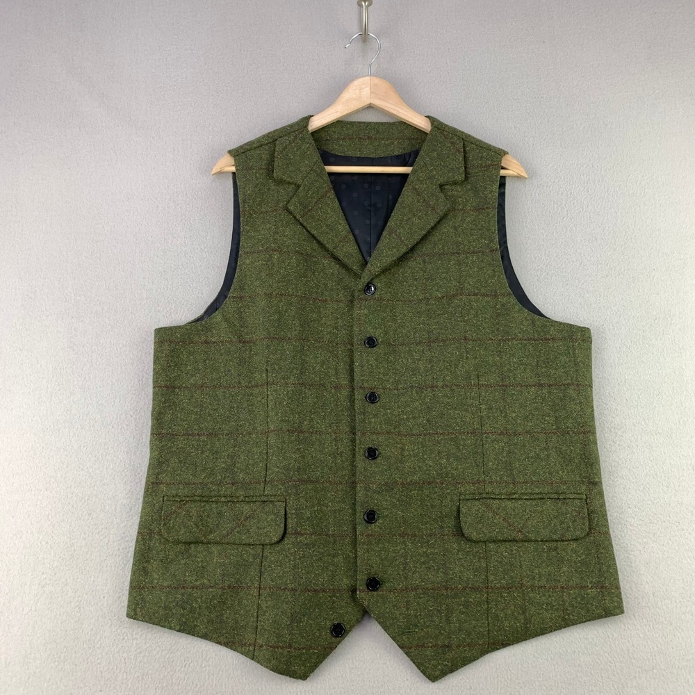 Mens Wool Blend Waistcoat Large Green Plaid Heritage Old Money Western 40s Style